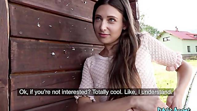 Nervous brunette Talia Mint shows her skills for a dirty sex agent