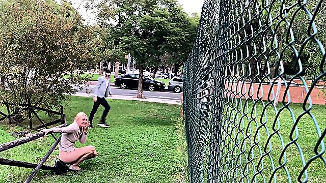 Blonde Amateur Takes Facial Outdoors In Public