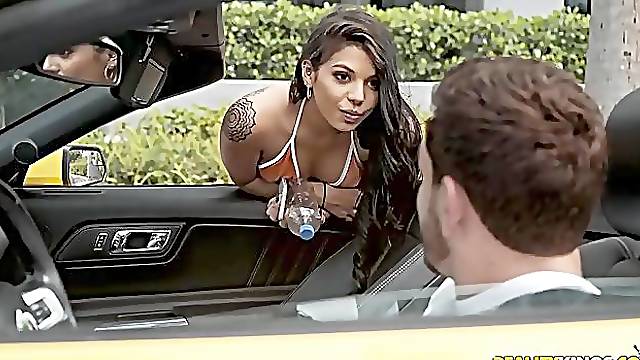 Rich guy picks up sexy bikini chick Gina Valentina in the street and fucks her mouth in a car