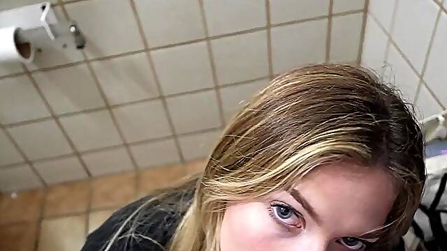 Blonde girl sucking my cock out in the public restroom getting his cum