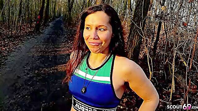 Jogging German Wife talks to Quick Cheating Outdoor Sex by Stranger