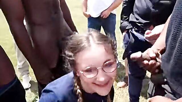 Bukkake Orgy: 44-Year-Old Wife in Pigtails Slurps 25 Cocks as