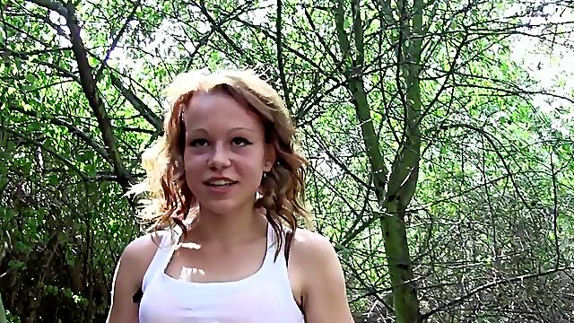 Redhead Rebeca gets naked for a fuck with facial in the woods