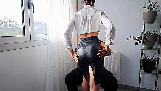 Teen secretary wants to become a business partner as soon as possible so she put on her sexiest leather skirt