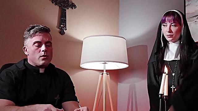 Sexy slut in upskirt blows priest dick in resting room