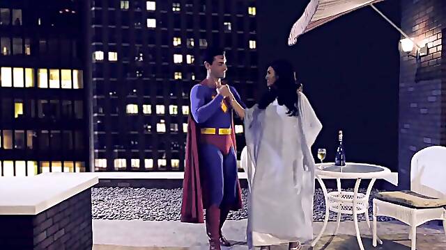 Hot brunette pumped by Super Man in dazzling role play passion