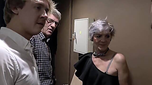 Boy and old perverts copulate with sluts in backroom