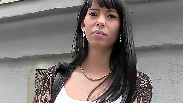PublicAgent Black haired babe fucks stranger for cash on public stairwell