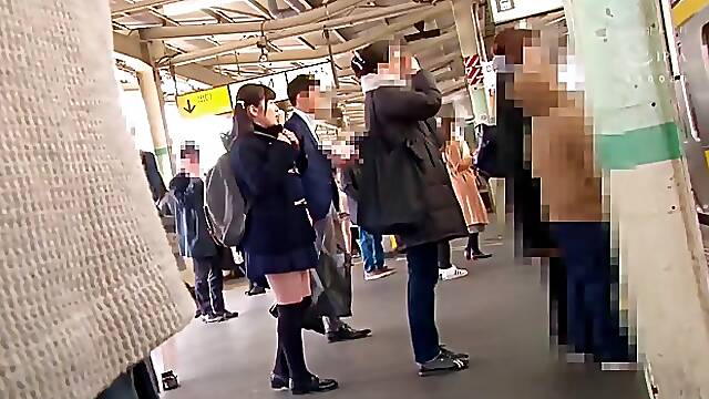 Pigtailed Japanese girl in school uniform is getting fucked in the transport, by a stranger
