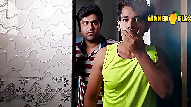 Horny guys are fucking a delightful brunette in the shower, while her boyfriend is working