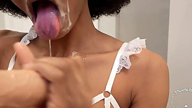 Ebony babe deepthroats BBC dildo in ASMR solo session