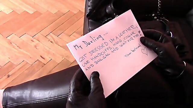 Wife in leather, selfbondage and cum on leather