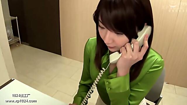 Hot girl wear shinning green silk satin blouse doing massage for guest