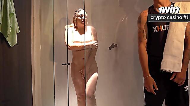 Hot and dirty! First time together in the shower, inked stepson and red-hot mom!