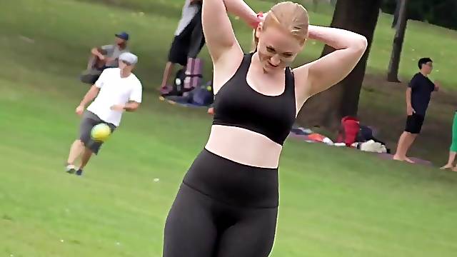 Sexy Phat Ass White Girl blonde in tight lycra pants outdoor