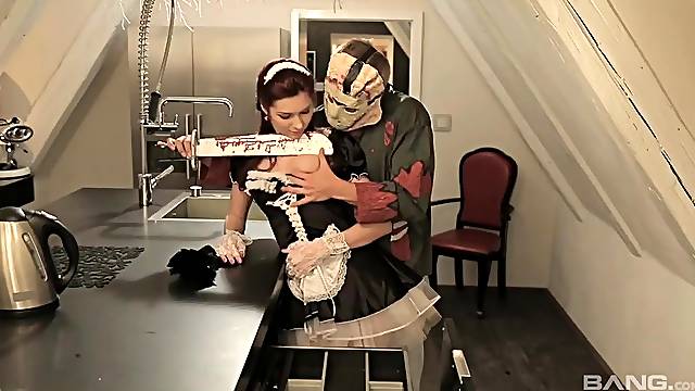 Maid In High Heels & Uniform fucked by Masked Guy at Halloween Party