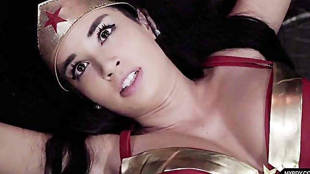 Sexy wonder woman gets humiliated by two hunky studs