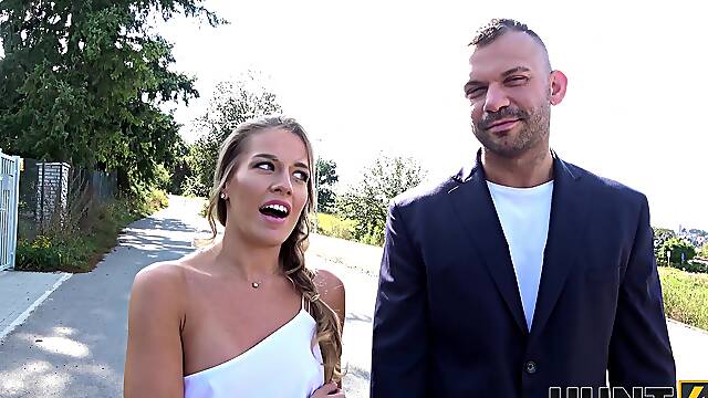 Beautiful bride Eveline Dellai takes cash to ride a hard cock