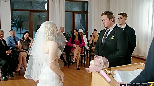 Dirty bride Kristy Waterfall rides a lover while people watch