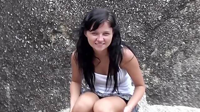 Brunette Russian chick gets fucked outdoors and gets her face covered with cum