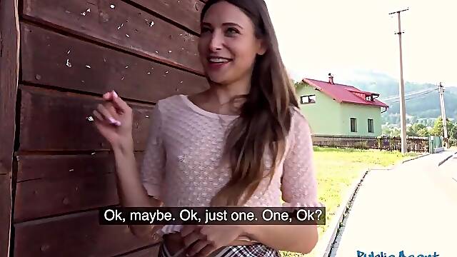 Public Agent Hawt brunette hair Talia Mint sucks and bangs outdoors