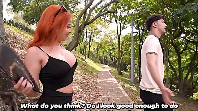 Influencer ends up screwing a redhead with giant boobs - what a schlong this chab has!