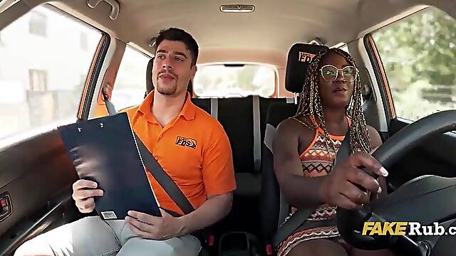 Black Breasts Bounce On Asphalt On Driving Instructors White Shlong