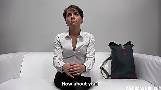 Short haired, Czech babe with tiny breasts is riding a hard knob during a porn movie casting