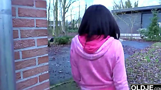 Sexy young girl fucked by fat old man gets cum in mouth and swallows