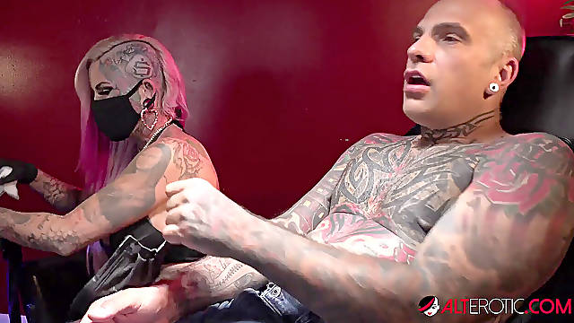 Evilyn Ink romps Sascha after giving him a tattoo