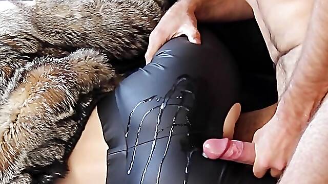 Redhead in leather leggings, latex boots and fur coat riding big white dick! Lot of cum