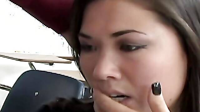 Handsome white dude smashes a horny Asian after a blowjob in the classroom