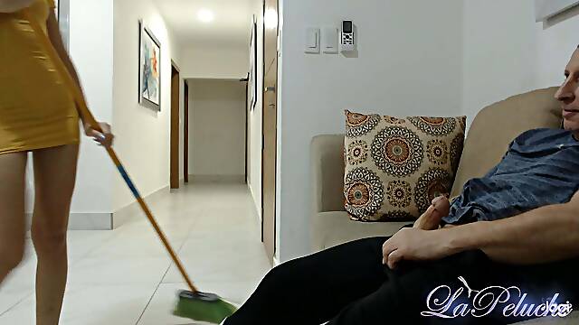 18 years old CFNM, Old man self hand job watching young and sexy cleaning lady