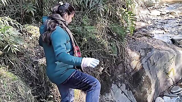 Fuck in forest at waterfall