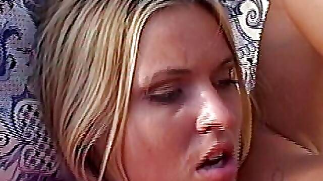 Blonde babe gets her pussy destroyed by a black man outside on the sunbed