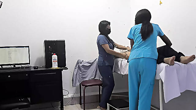 The doctor and the nurse seduce a patient to fuck him in the office