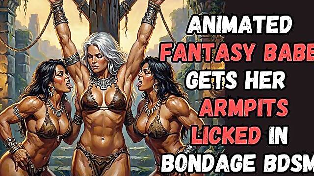 Sexy fantasy muscled buxom captive babe in suspension BDSM Bondage punishment has her muscled Armpits licked by two kinky lesbian slave girls