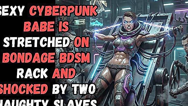 Cyberpunk fantasy babe is stretched out on BDSM rack and electro shocked by two naughty sex slaves