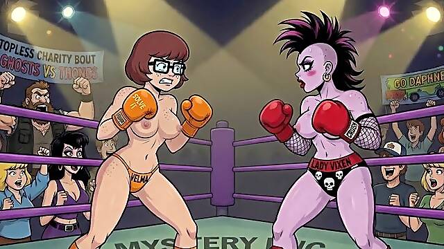 Topless Ai cartoon female boxing: Velma vs Medusa low