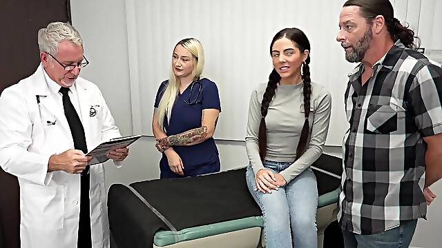 A couple gets intimate while their nurse is serving them both in jeans.