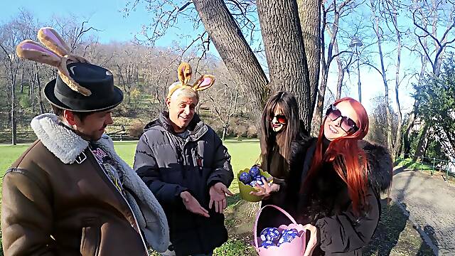 Two beautiful girls have an intense foursome with two guys in the open air