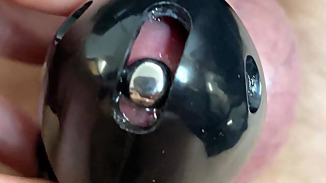 Chastity Cage With Penis Plug Cum Shot Over Camera