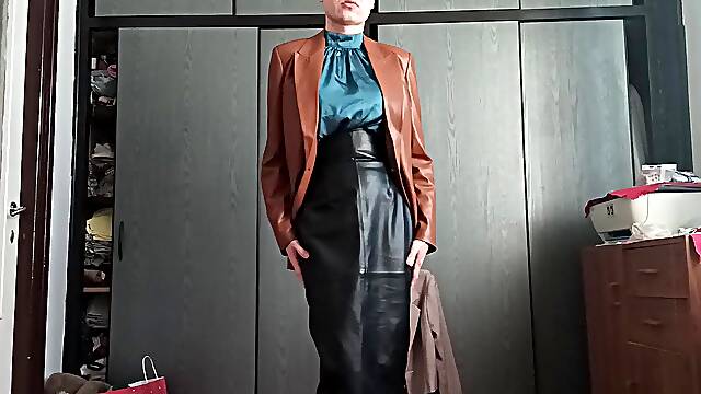 Me walking in leather skirt