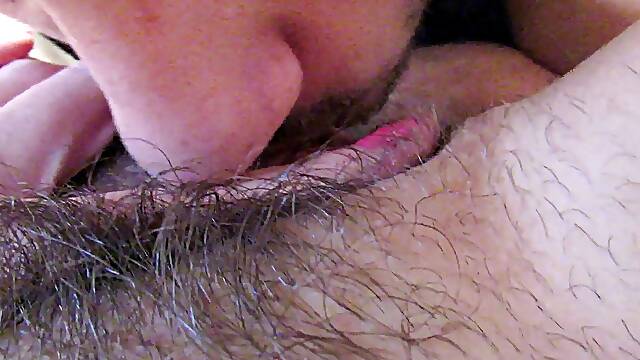 Licking and sucking my big clit hairy pussy until I cum into his mouth