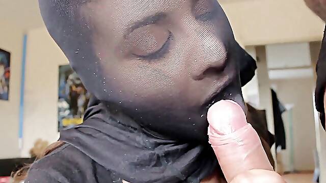 Black nylon shinny blue pantyhose and mask blowjob