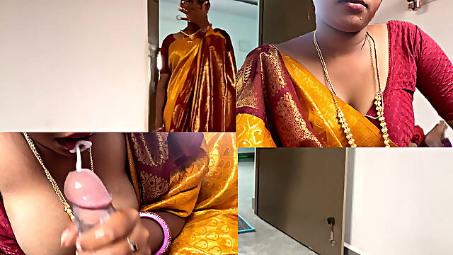 Tamil Beautiful Stepsister in Saree and Her Stepbrother Dick Blowjob Cum in Mouth
