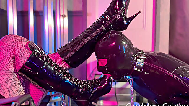 Chained Gimp Worships Latex Goddess's Boots